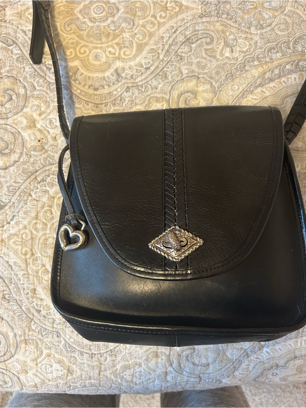 Brighton Black Leather Crossbody with Silver Heart Charm